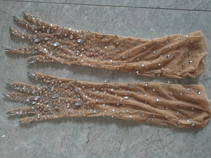 Luxurious Women's Rhinestone Gloves Sparkling Crystal Mesh Long Stretch Dancer Singer Stage Wear Accessory