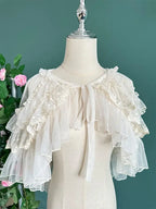 Women's Lace Mesh Short Shawl Poncho - Open Front Ruffled Collar