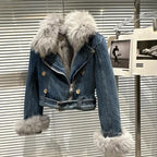 Winter Women Denim Coat Jacket Fox Collar Short  Warm High Street Outerwear Thicken Coat High Quality Luxury Design Party Wear