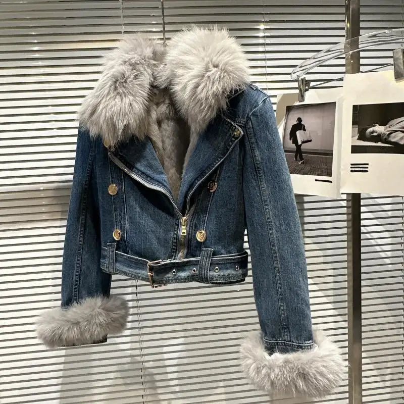 Winter Women Denim Coat Jacket Fox Collar Short  Warm High Street Outerwear Thicken Coat High Quality Luxury Design Party Wear