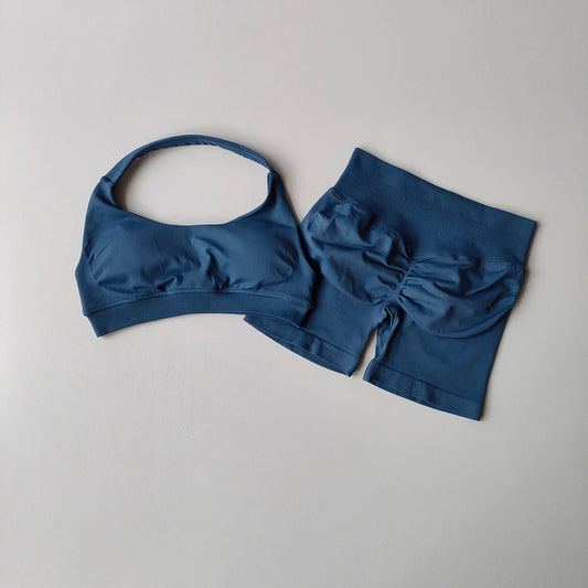 2 Pieces Yoga Suit for Women Seamless Fitness Gym Clothes Halter Sports Bra Matching Impact Shorts Workout Sets Gym Outfit SS69