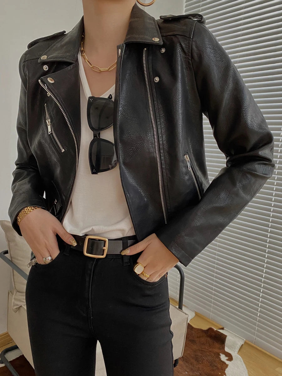 Women's PU Leather Motorcycle Jacket - Slim Fit, Turn-Down Collar
