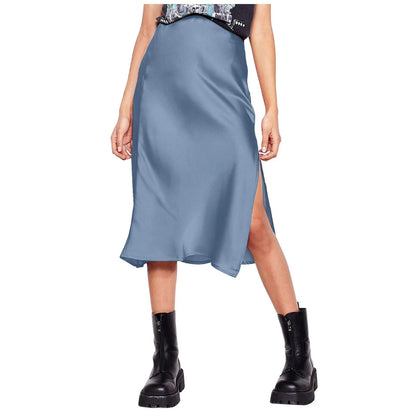 Korean Style Satin Skirt For Women Summer High Waisted Midi Skirt With Slit Solid Color Faldas Elegant Office Ladies Skirts SS69