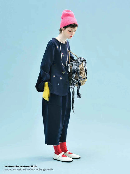 imakokoni 2025 Autumn Japanese-Style Loose Cropped Radish Pants with Cute Embroidery 255250