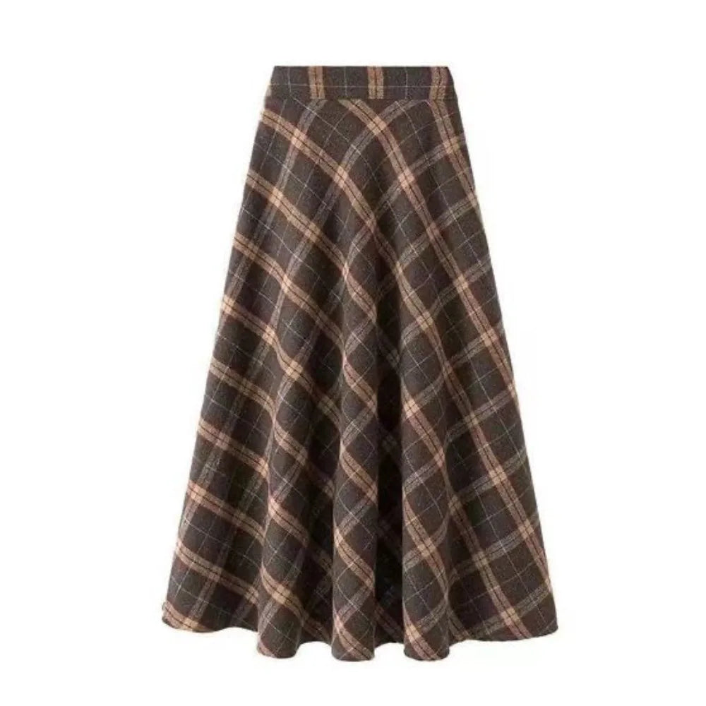 Elegant High Waist Retro Plaid Skirt Winter Autumu Classical High Waist Long Skirt Slim Fit Preppy Style A-line Half Dress Party
