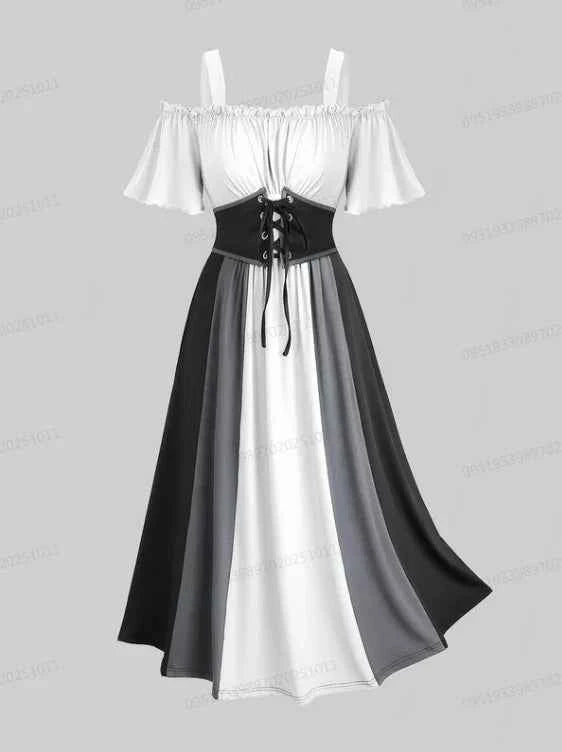 ROSEGAL Plus Size Women's Dress New Cold Shoulder Ruched Ruffles Colorblock Patchwork Lace Up Belted Vintage Corset Dresses Robe