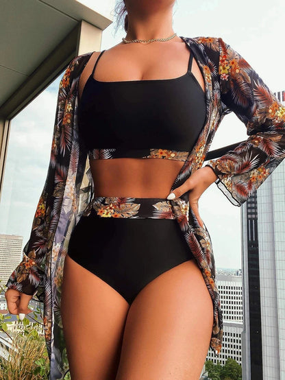 Hot Selling Women Bikini 3 Pieces Suit Black/Green/Red Bikini Sets With Long Sleeved Cover Ups High Quality Size Small-XXLarge SS69