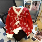 Women's V-Neck Snowflake Knit Sweater - Red/Black