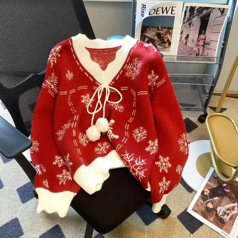 Women's V-Neck Snowflake Knit Sweater - Red/Black