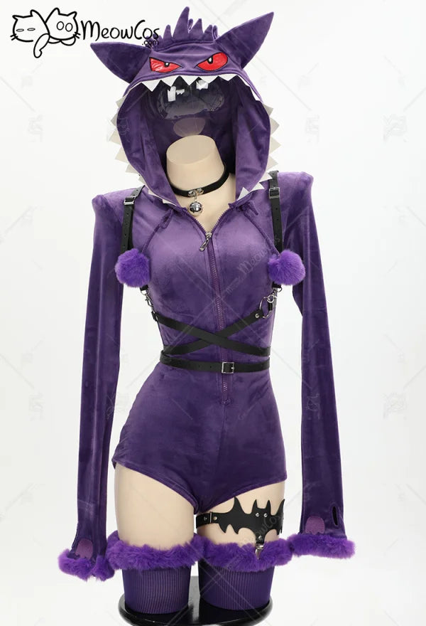 Meowcos Women Genga Cosplay Costume Halloween Purple Ghost Romper Bodysuit Plush Hooded and Socks with Belt and Tail