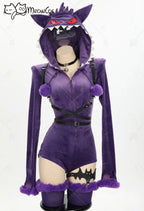 Meowcos Women Genga Cosplay Costume Halloween Purple Ghost Romper Bodysuit Plush Hooded and Socks with Belt and Tail