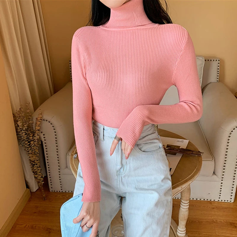 2025 Autumn Winter Women Long Sleeve Knitted Foldover Turtleneck Ribbed Pull Sweater Soft Warm Femme Jumper Pullover Clothes SS69 13.69 One Size / pink