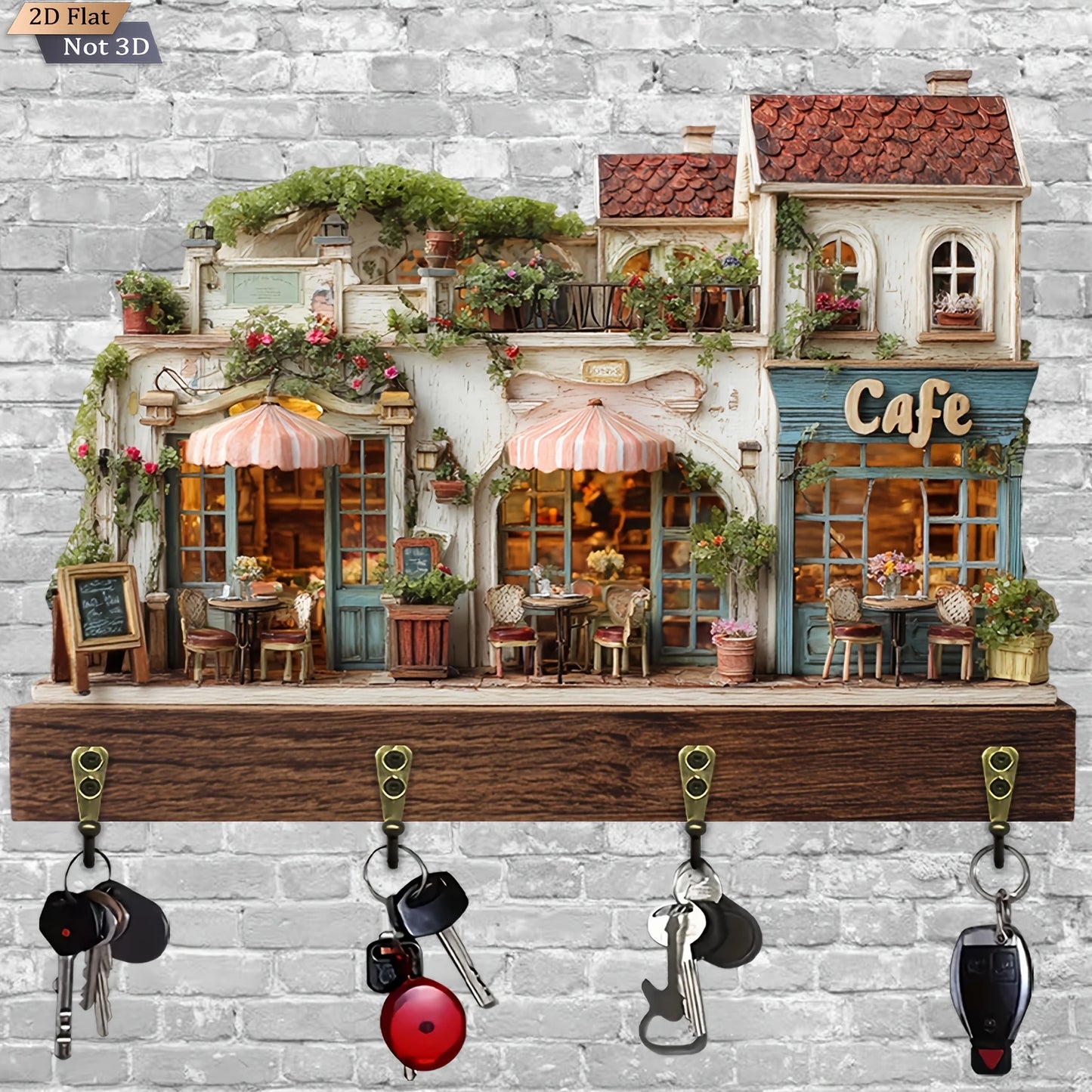 SS69 2D European Coffee House Wooden Wall-Mounted Key Holder with 4 Hooks