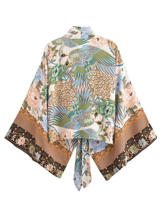 Boho Queens Peacock Short Robe Kimono Swimsuits Women Fashion Floral Batwing Sleeves Rayon Bohemian Bikini Cover Ups Beachwear