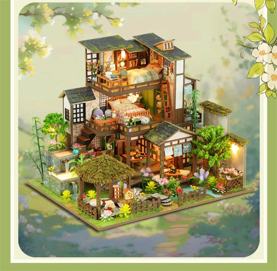 DIY Wooden Bamboo Spring Courtyard Casa Miniature Building Kits Bookend Assembled Dollhouses Bookshelf Home Decor Friends Gifts SS69
