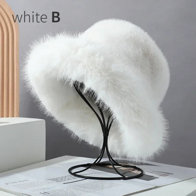Women's Fluffy Faux Rabbit Fur Bucket Hat - Warm Plush Winter Cap