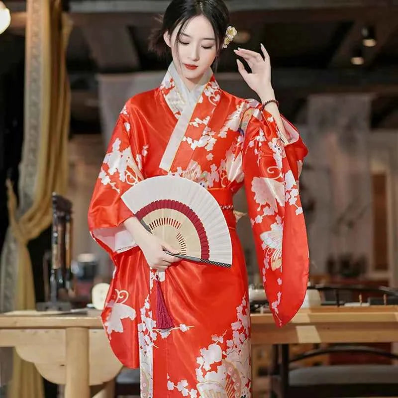 Fashion National Trends Women Sexy Kimono Yukata With Obi Novelty Evening Dress Japanese Cosplay Costume Floral One Size