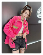 Women Graffiti Printed Rivets Denim Jacket Loose Holes Diamonds Jeans Coat Sequined Cowboy Ripped Streetwear Cardigan Ins Tops SS69