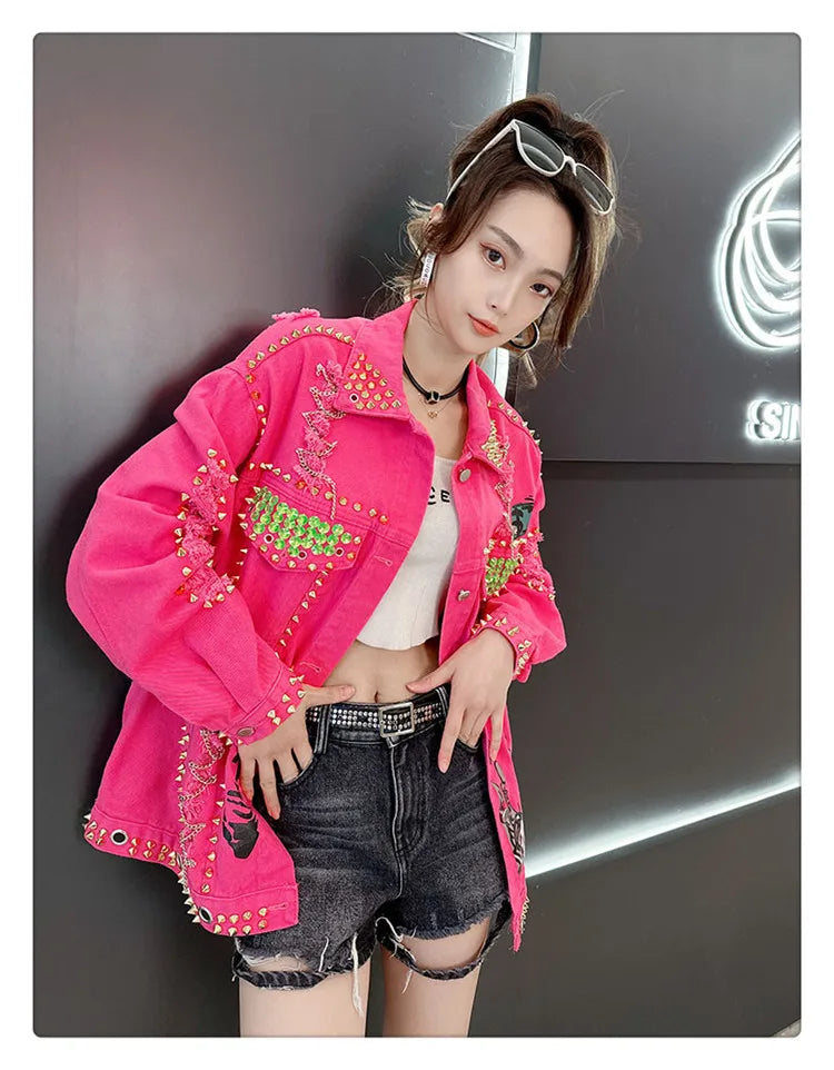 Women Graffiti Printed Rivets Denim Jacket Loose Holes Diamonds Jeans Coat Sequined Cowboy Ripped Streetwear Cardigan Ins Tops SS69