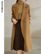 SENTUBILA Women 100% Wool Long Wrap Coat 2026 Elegant Notched Collar Belted Warm Double Faced Woolen Winter Overcoat W24O43352
