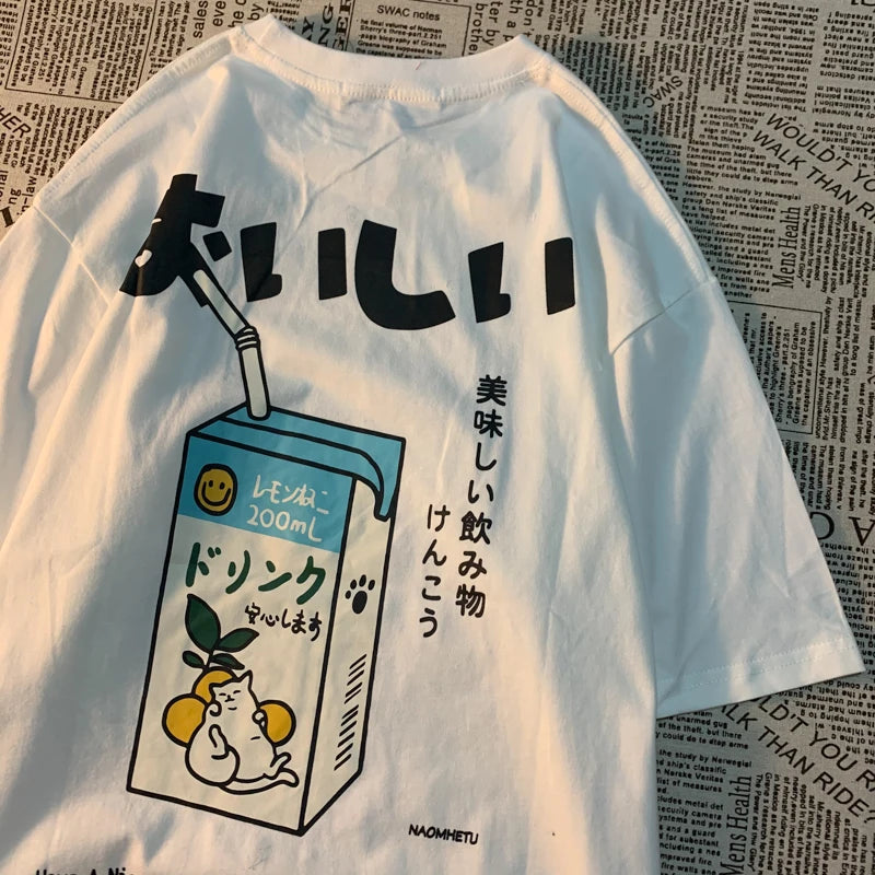 Cute Japanese Cat Print Oversized T-shirt Women Men Short Sleeve Loose Casual Tee Shirt Streetwear Tops Cotton Harajuku Clothing SS69 12.69 White / S