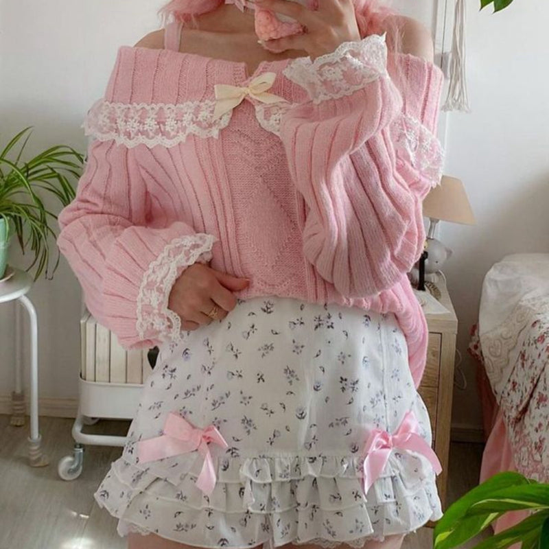 Pretty Cute Outfits Harajuku Cosplay Sweater Kawaii Lace Trim Off Shoulder Pullovers Y2K Aesthetic Vintage Long Sleeve Jumpers SS69