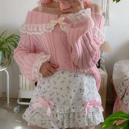 Pretty Cute Outfits Harajuku Cosplay Sweater Kawaii Lace Trim Off Shoulder Pullovers Y2K Aesthetic Vintage Long Sleeve Jumpers SS69