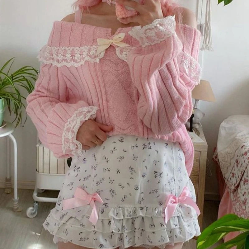 Pretty Cute Outfits Harajuku Cosplay Sweater Kawaii Lace Trim Off Shoulder Pullovers Y2K Aesthetic Vintage Long Sleeve Jumpers SS69