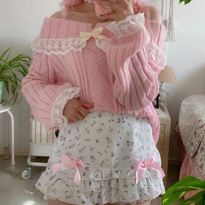 Pretty Cute Outfits Harajuku Cosplay Sweater Kawaii Lace Trim Off Shoulder Pullovers Y2K Aesthetic Vintage Long Sleeve Jumpers SS69