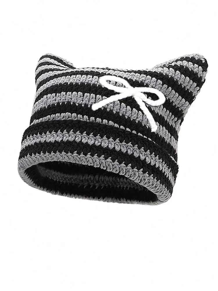 2025 New Hand-Knitted Bow Cat Ear Hooded Cap For Winter Men And Women, Striped Hollowed-Out Knitted Cap, K2y Street Style