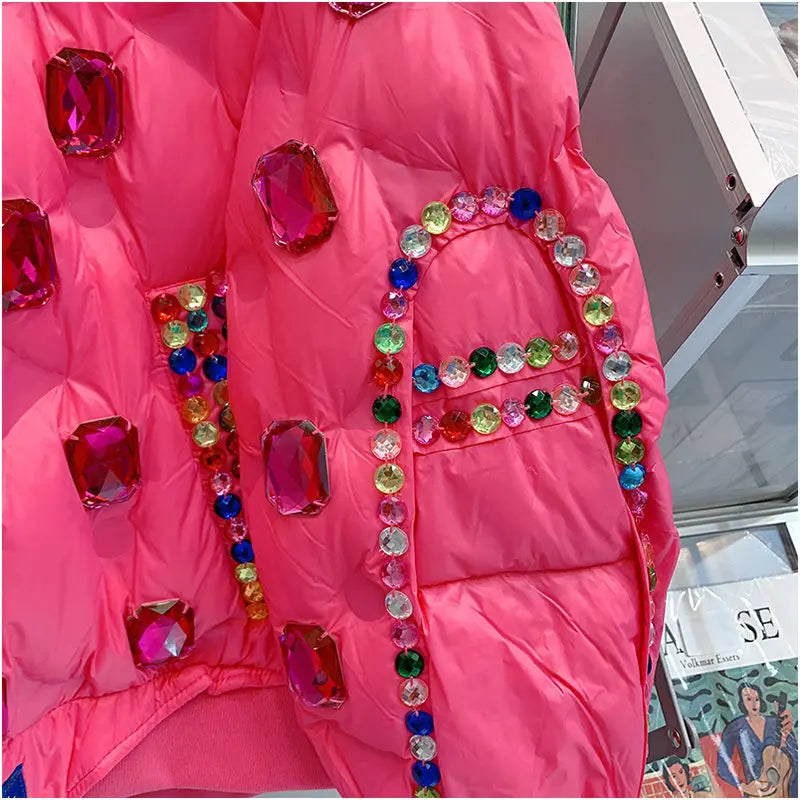 Winter Ruffles Mesh Stitching Rainbow Diamonds Parkas Jacket Gauze Pleated Gemstones Cotton-padded Coat Zippers Crystal Outwear SS69