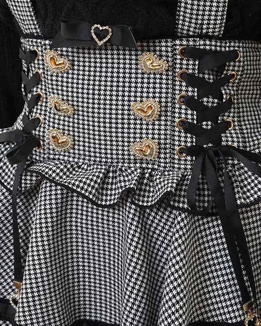 Original Japanese Mines Lolita Strap Skirts Women High Waist and Thin Frilly Pleated Skirt College Style Liz Girl Plaid Skirt