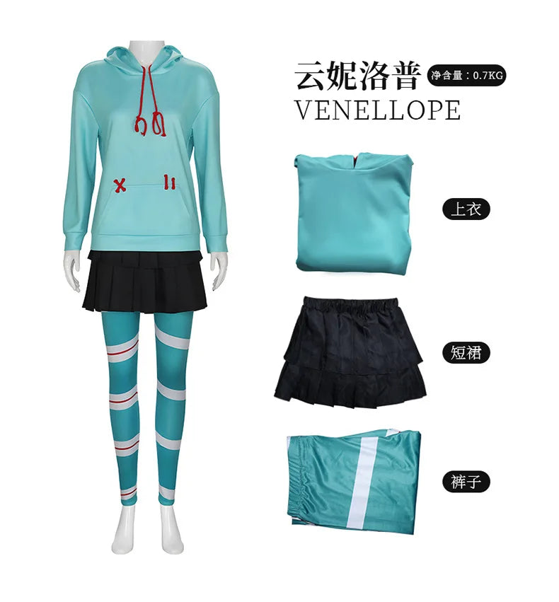 Vanellope Von Schweetz Cosplay Anime Costume Girl's Hoodies Skirt Wig Uniform Suit Halloween Performance Clothing for Woman