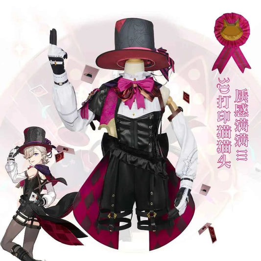 Genshin Impact Fontaine Lyney Cosplay Costume Magician Leather Uniform Short Hair Wig Glove Twins Halloween Carnival Game Outfit