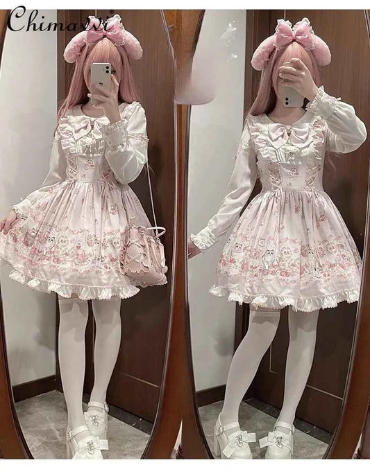 Original New Spring Summer Cute Print Short-sleeved Lolita OP Dress Japanese Sweet Girl Mass-produced Kawaii Bow Short Dresses