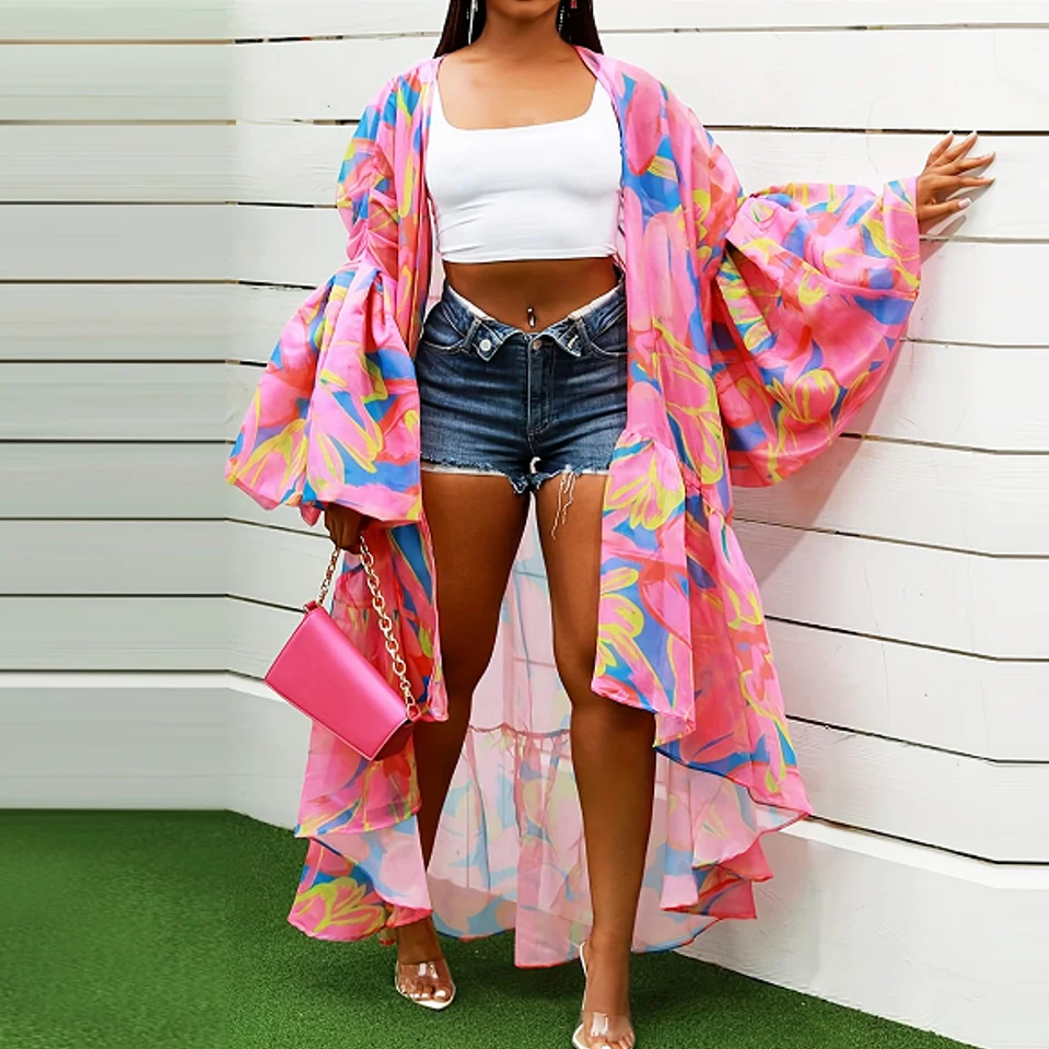 Plus Size Beach Kimono For Women Flower Printed Swimsuit Cover Up Self Wrap Dresses Seaside Bathing Suits Beachwear 2025 SS69 36.69 Pink / 4XL