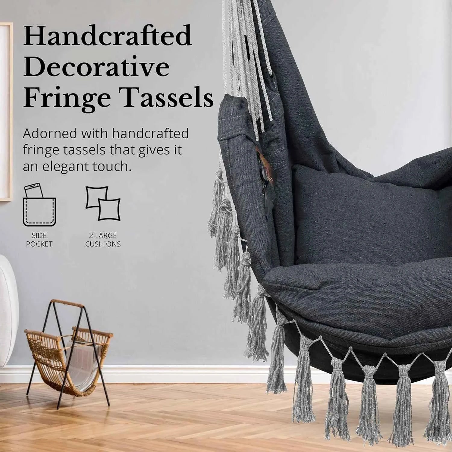 Macrame Hanging Chair with 2 Pillows | 500lb Capacity Cotton Rope Swing | Pocket Design Indoor/Outdoor Use