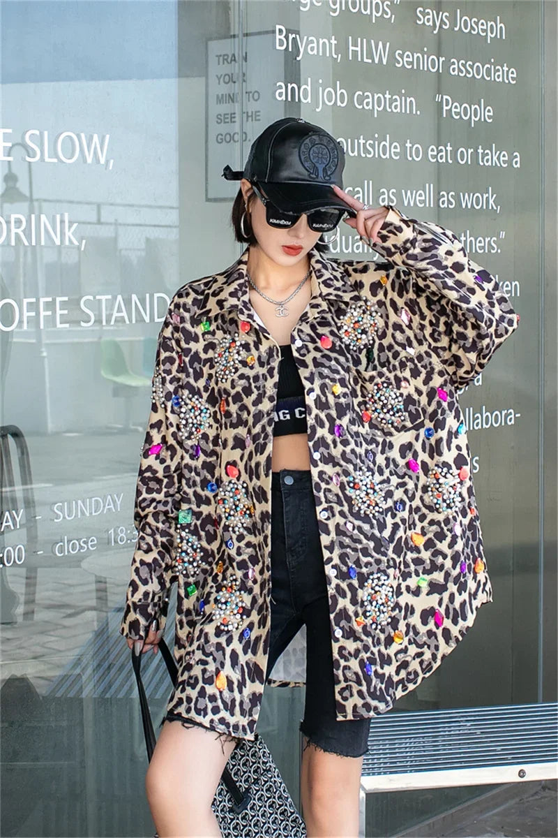Harajuku Vintage Pearl Beaded Diamonds Leopard Print Women Thin Shirt Jacket Loose Casual Lapel Long Sleeve Female Jacket Coat SS69