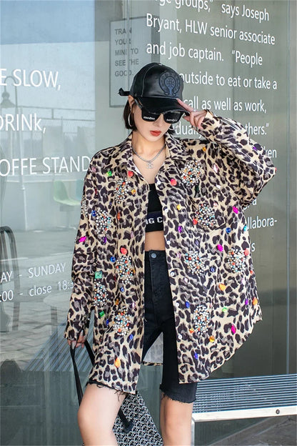 Harajuku Vintage Pearl Beaded Diamonds Leopard Print Women Thin Shirt Jacket Loose Casual Lapel Long Sleeve Female Jacket Coat SS69