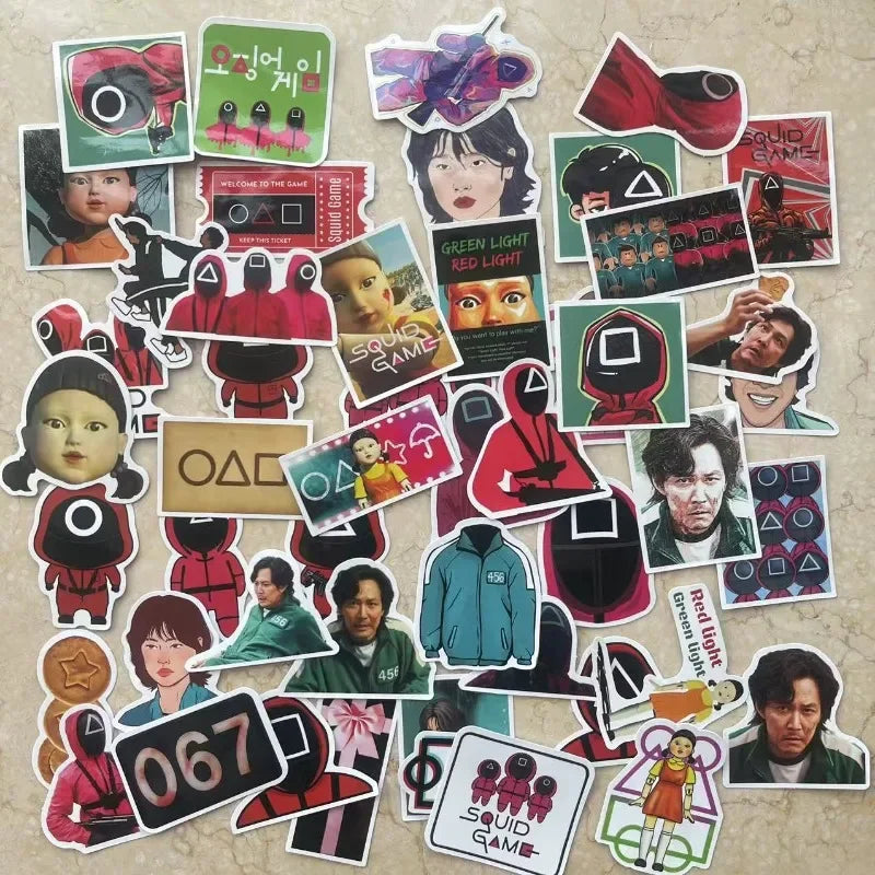 50pcs Popular Korean Drama Squid Survival Game Cartoon Graffiti Stickers Water Cup Mobile Phone Decoration Stickers SS69 6.69 black