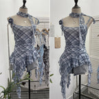 Women's Vintage Tie-dye Printed Mesh Spaghetti Strap Camisole Hot Girl Irregular Ruffled Ribbon Sleeveless Top Partyclub 1185