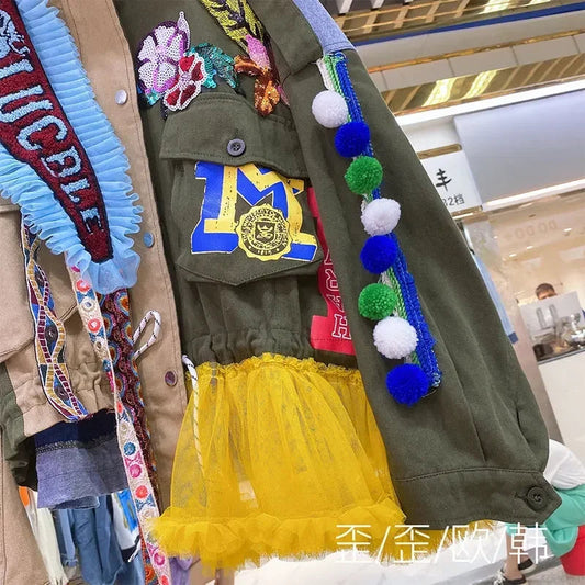 Women Floral Embroidery Sequined Trench Coats Mesh Spliced Ruffles Denim Jacket Hairballs Tassels Jeans Cardigan Streetwear Tops SS69