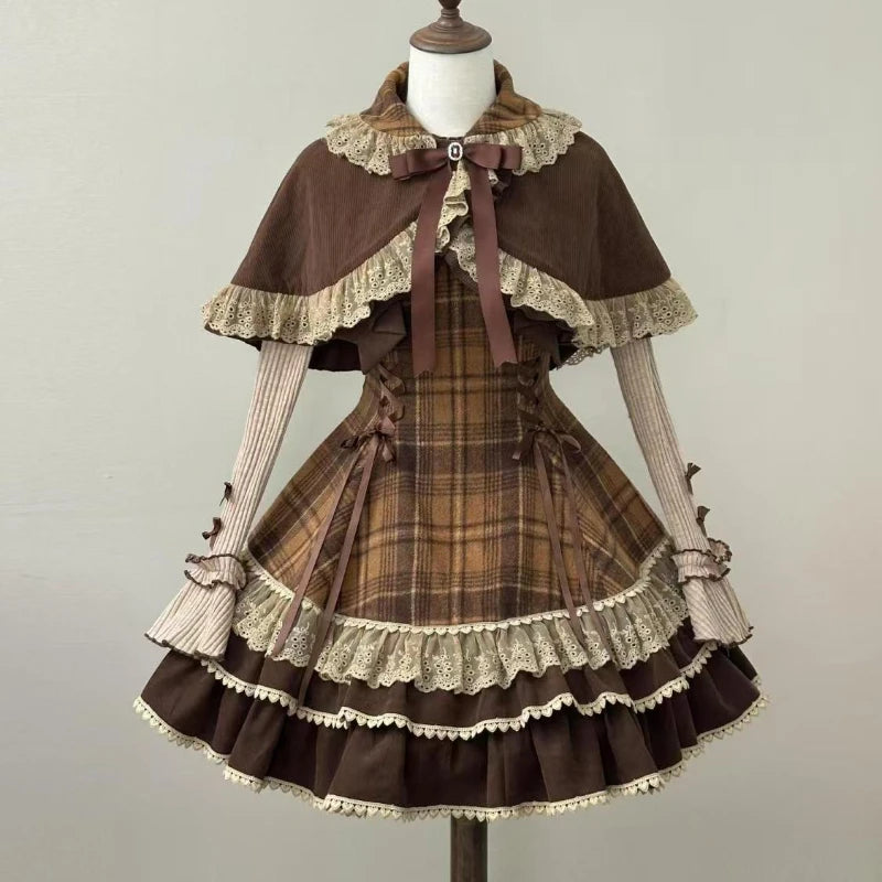 Autumn Winter Lolita Style 3 Piece Set Women Lace Bow Peter Pan Collar Cloak Coat Plaid Mini Dress Korean Fashion Y2k Sweet Suit