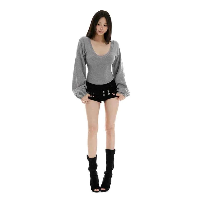Streetwear Sweater Women Fashion Sexy V Neck Knitted Pullovers Y2K Korean Lantern Long Sleeve Knitwears Autumn Winter Jumpers