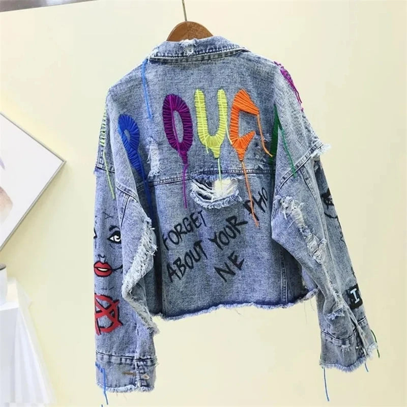Spring Autumn Rivet Beaded Line Tassel Letter Graffiti Print Women Denim Jacket 2026 Casual Hole Denim Jacket Veste Femme