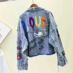 Spring Autumn Rivet Beaded Line Tassel Letter Graffiti Print Women Denim Jacket 2026 Casual Hole Denim Jacket Veste Femme