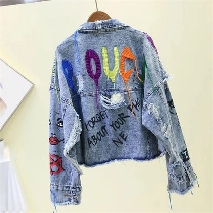 Spring Autumn Rivet Beaded Line Tassel Letter Graffiti Print Women Denim Jacket 2026 Casual Hole Denim Jacket Veste Femme
