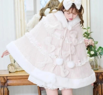 Godivana Lolita Style Faux Rabbit Fur Cape Coat with Bow & Rhinestones - White
