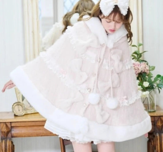 Godivana Lolita Style Faux Rabbit Fur Cape Coat with Bow & Rhinestones - White