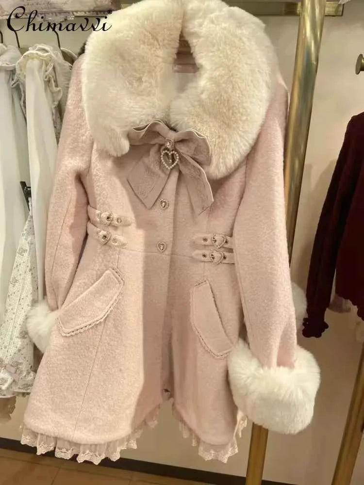 Japanese Sweet Bow Slim Medium Long Woolen Coat Winter New Faux Fur Collar Lolita Girl Women's Pink White Wool Jacket Overcoat